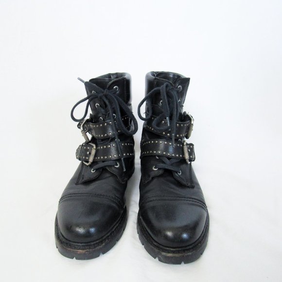SOLD FRYE Black Leather 'Samantha' Studded Combat Biker Moto Boots -9 1/2 - Picture 3 of 15